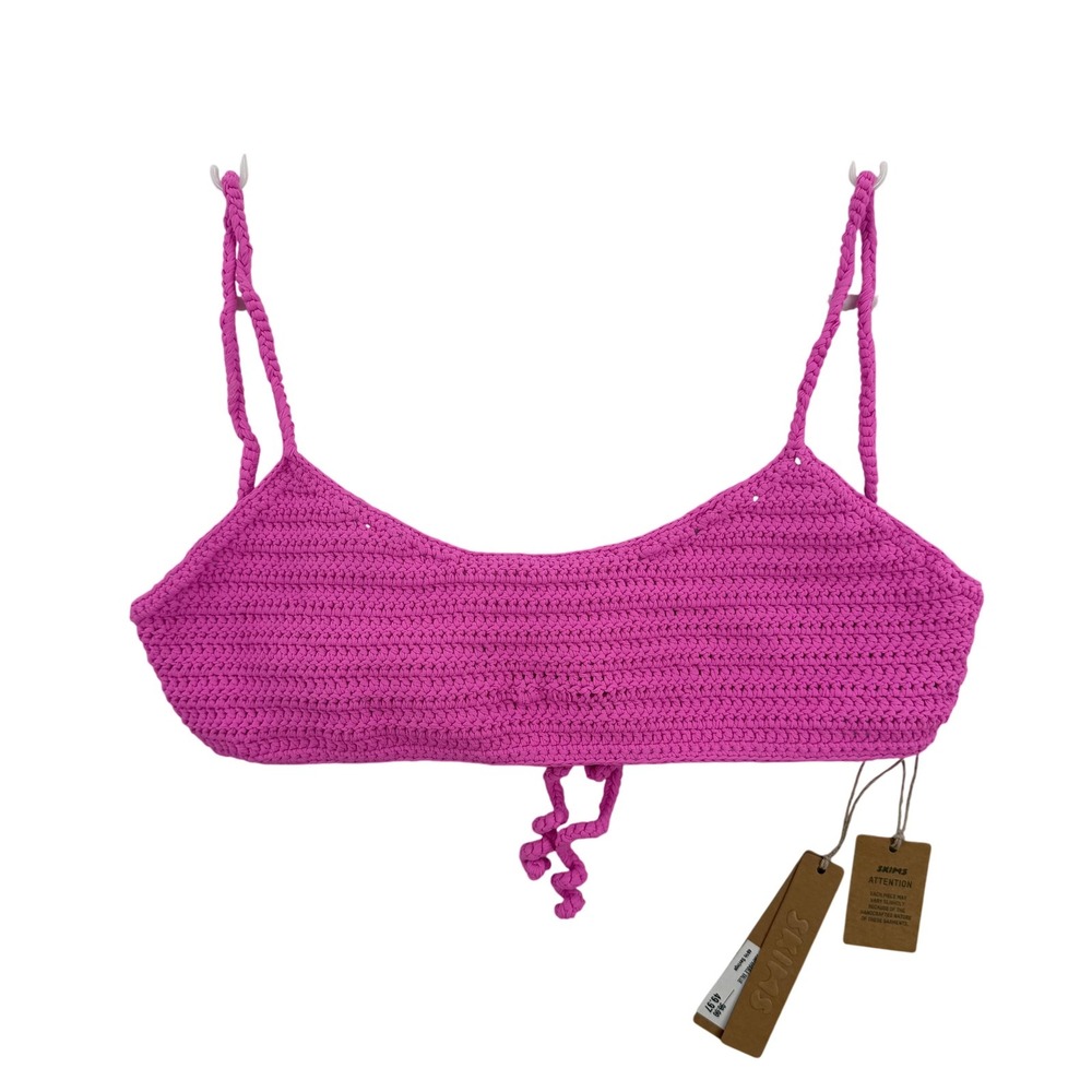 Skims Bikini Top Womens Medium Pink Crochet Knit Bralette Swim Adjustable Tie